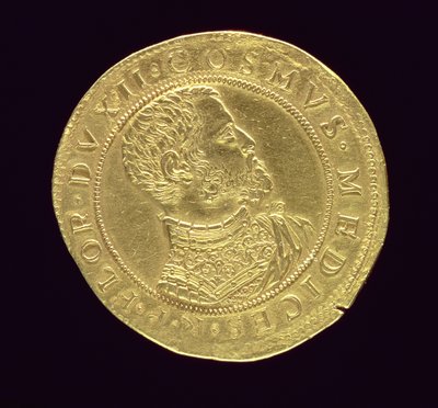 Obverse of coin of Cosimo I (1519-74) in armour Inscription: COSMVS MEDICES R P FLOR DVX II by Pietro Paolo Galeotti